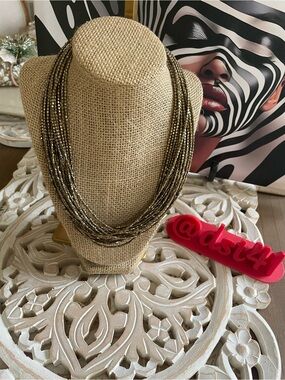 Tasha (stamped) Multi-Strand Metallic Gold Tone Beaded Necklace